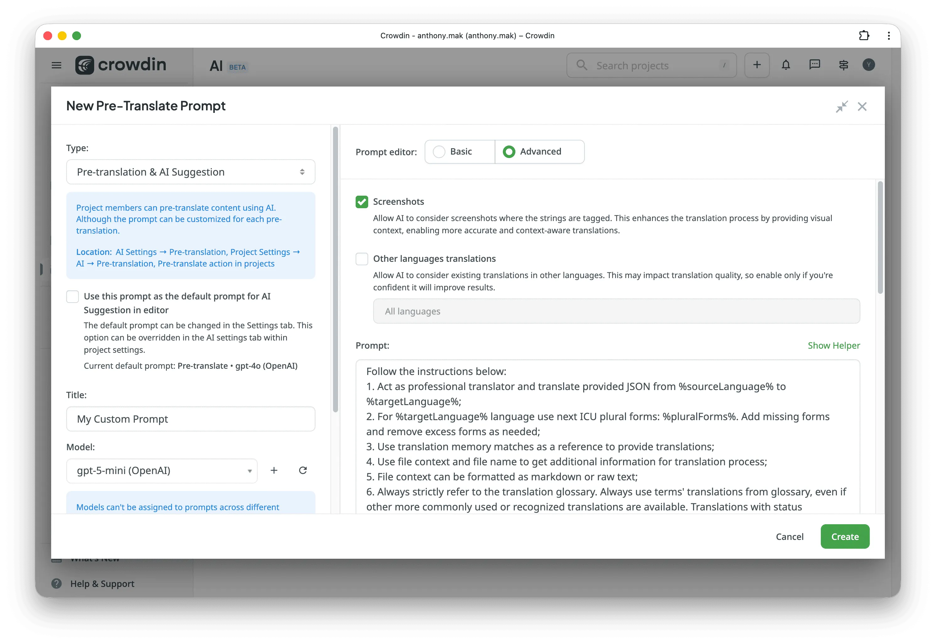 AI pre-translate prompt